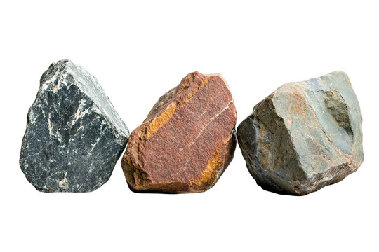 A collection of rocks of various sizes and colors. on transparent background.