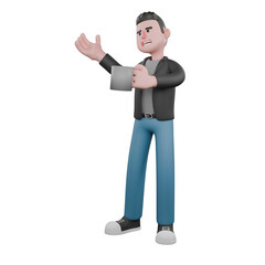 Creative 3D Model. A male screenwriter stands with his right hand pointing to the right side and clenching his left hand. 3D Artistic Model