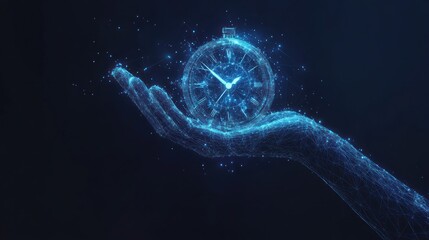 A digital hand holds a glowing clock, symbolizing time and technology.