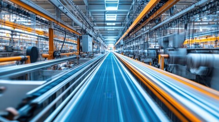 Obraz premium A dynamic view of an industrial assembly line, showcasing machinery and conveyor belts in a modern manufacturing facility.