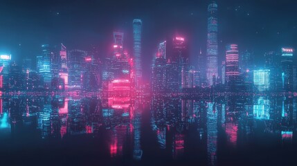 Naklejka premium Futuristic cityscape night view urban environment digital art neon lights reflection technology concept for seo impact