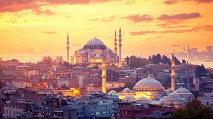 Fototapeta premium Captivating sunset over historic istanbul turkey - serene architectural landscape photography from a unique viewpoint