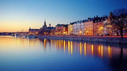 Fototapeta premium Scenic waterfront cityscape at dusk historic architecture serene environment urban lifestyle tranquil reflection