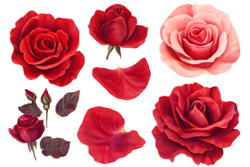 Rose flowers and pink petals isolated on white background. 