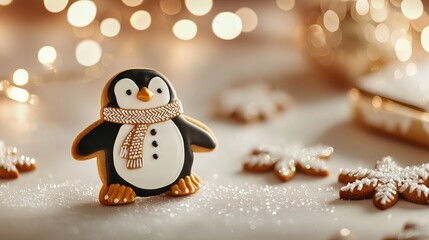 Close-up of gingerbread cookie decorated as a penguin, black and white frosting with scarf details, perfect for holiday treats