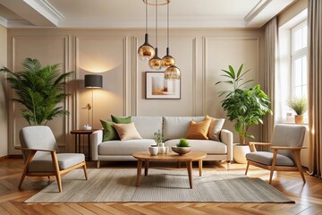 Fototapeta premium Minimalist Living Room with Light Wall: A Serene Interior Design Featuring Soft Colors, Natural Textures, and Harmonious Elements for Modern Aesthetic Spaces