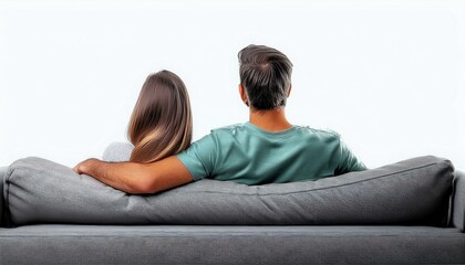 Couple sitting on couch, back view on isolated white background
