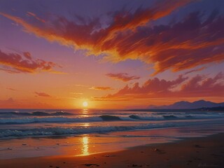 Fototapeta premium A picturesque sunset painting featuring the ocean, with warm colors creating a peaceful and inviting atmosphere.