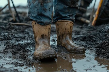 Person Wearing Muddy Rubber Boots Standing in A Wet Field with Puddle, Emphasizing the Effects of Rain and Soil Moisture on Outdoor Environments and Agriculture