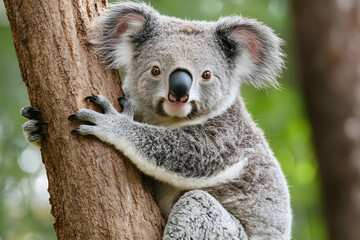 Fototapeta premium A close-up of a koala clinging to a tree trunk in a natural setting.