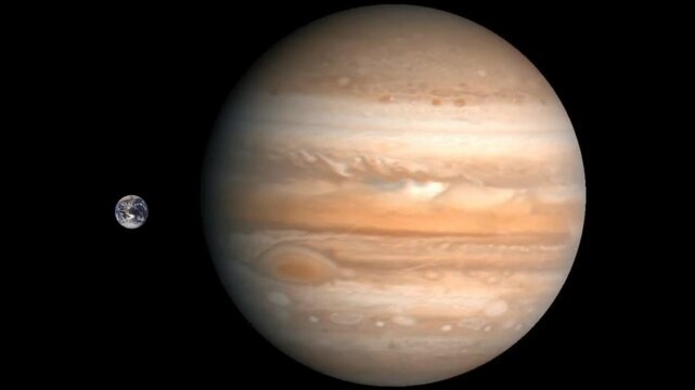 Animation depicting visual comparison of Earth and Jupiter.