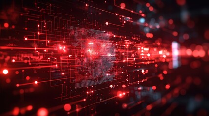 Fototapeta premium Abstract red digital data stream, glowing lines and particles.