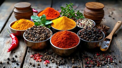 Spices and herbs displayed in bowls kitchen table food photography rustic environment top-down view culinary art