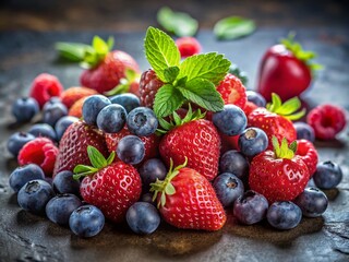 Obraz premium Minimalist Photography of Fresh Berries Bathed in Soft Morning Light, Highlighting Their Vibrant Colors and Natural Beauty on a Simple Background