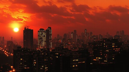 Obraz premium Sunset over urban skyline cityscape photography evening aerial view urban serenity