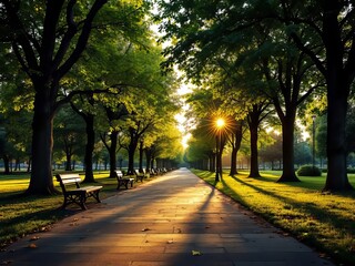 Fototapeta premium Sunset paints the empty park bench, green trees silhouetted. AI art.