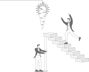 Two businessmen using a ladder to catch the dangling carrot at the end of a stick