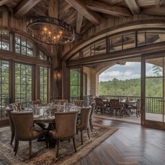 Naklejka premium Rustic dining room with large windows, wooden beams, chandelier, and outdoor patio view.