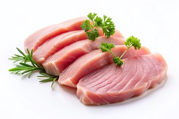 Minimalist Photography of Slices of Raw Turkey Meat Fillet Isolated on White Background for Culinary and Healthy Eating Concepts