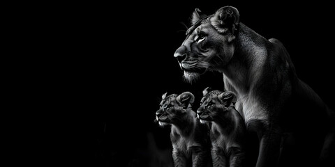 A monochrome image of a lioness and her two cubs, showcasing strength and familial bond.