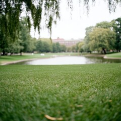 Fototapeta premium Serene park pond with lush green grass.