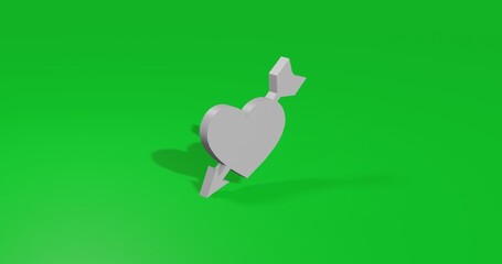 Isolated realistic white cupid arrow symbol front view with shadow. 3d illustration on green chroma key background