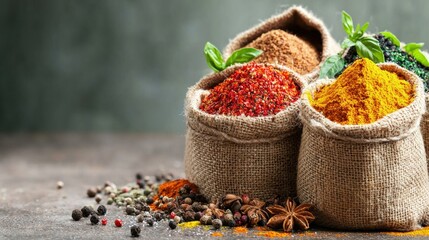 Fototapeta premium Spices and herbs in burlap sacks kitchen countertop food photography rustic setting close-up culinary art