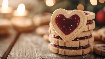 Close-up of linzer cookies with jam-filled heart cut-outs, displayed on a rustic wooden table, festive and creative holiday baking for kids. heart cookies, linzer, creative treats