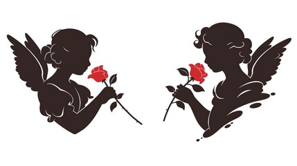Fototapeta premium Two angels holding red roses, smelling them and yearning for love, captured in a symmetrical, artistic illustration. A romantic design for Valentine's Day celebrating love and affection.