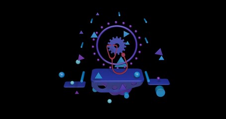 Red stethoscope symbol on a pedestal of abstract geometric shapes floating in the air. Abstract concept art with flying shapes in the center. 3d illustration on black background
