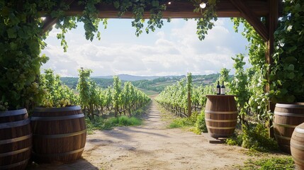 A scenic vineyard view with wooden barrels and a pathway leading through lush grapevines.