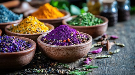 Fototapeta premium Vibrant spice selection local market food photography rustic setting close-up culinary diversity