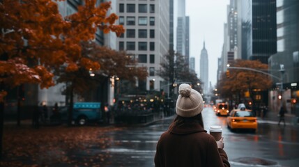 Fototapeta premium Woman with Coffee in Autumn City Street