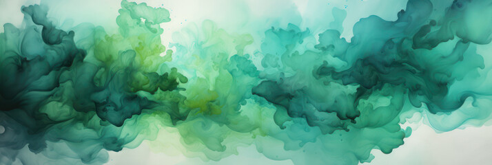 Banner. Abstract watercolor green background, paint blots. AI generative.