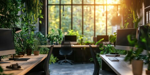 Fototapeta premium A modern office with green plants and sustainable design elements, emphasizing eco-friendly practices in the business environment.