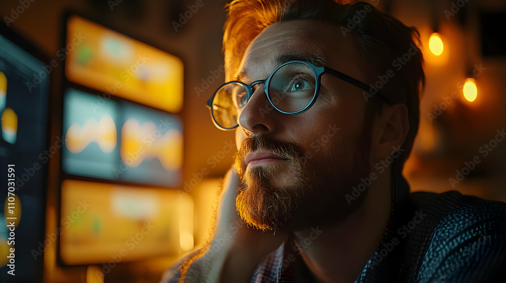Poster a thoughtful individual gazes at multiple screens, immersed in work or creativity.