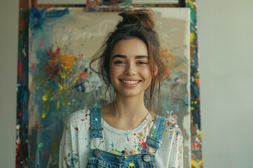 Fototapeta premium Young female artist in denim overalls painting colorful abstract picture on canvas in bright art studio. Girl looking at camera, smiling. Creativity and design