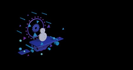 White Christmas snowman on a pedestal of abstract geometric shapes floating in the air. Abstract concept art with flying shapes on the left. 3d illustration on black background