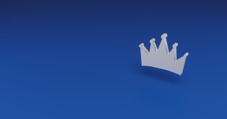 Isolated realistic white crown symbol with shadow. Located on the right side of the scene. 3d illustration on transparent background