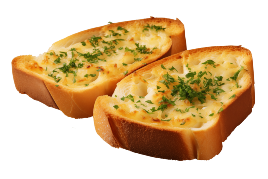 Delicious garlic bread toast topped with melted cheese and herbs, perfect for any meal or snack, isolated on transparent background PNG cutout.