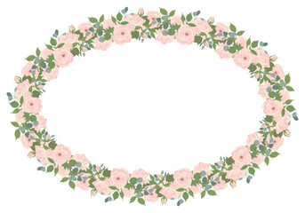 Oval frame of light pink roses and eucalyptus branches. Composition of beautiful flowers, buds, leaves isolated on background. Vector floral illustrations in flat style for wedding invitations, cards