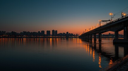 Obraz premium Sunset reflections on riverside bridge urban landscape evening photography city environment tranquil viewpoint