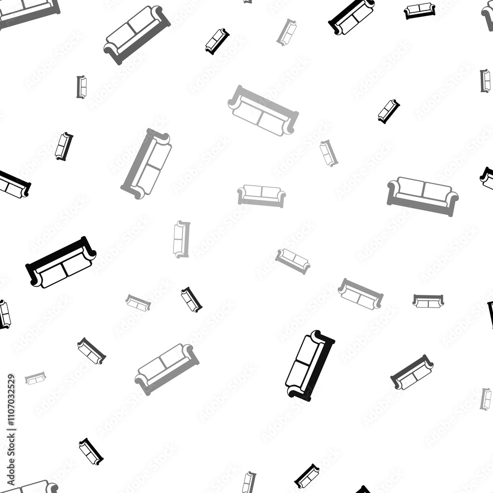 Poster seamless vector pattern with sofa icons, creating a creative monochrome background with rotated elem