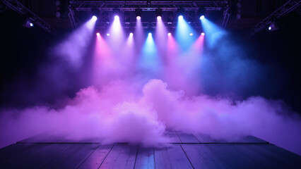 Dramatic Concert Stage with Colorful Fog and Lighting: Perfect for Music Event Promotions or...