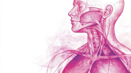 The image depicts a detailed anatomical illustration of a human body, highlighting muscles and structures in a vibrant pink hue.