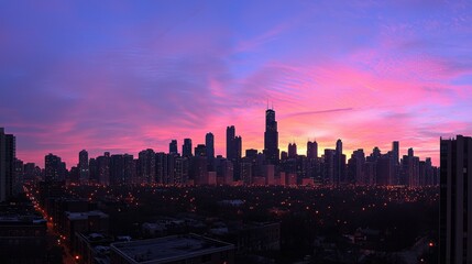 Fototapeta premium Sunset skyline view of chicago cityscape urban landscape photography vibrant evening atmosphere panoramic perspective
