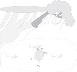 The time pressure Businessman sinking drowning with a time clock anchor into the dark deep sea