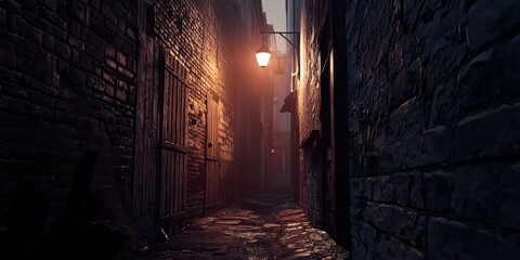 A narrow alley at night with a single streetlight casting a moody glow.