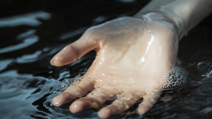 Fototapeta premium A hand gracefully glides through water, creating mesmerizing ripples and delicate bubbles. The interplay of light and shadow adds a touch of ethereal beauty to this captivating close-up.