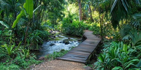 A nature trail along a riverbank, with lush green vegetation and wooden bridges crossing small streams.